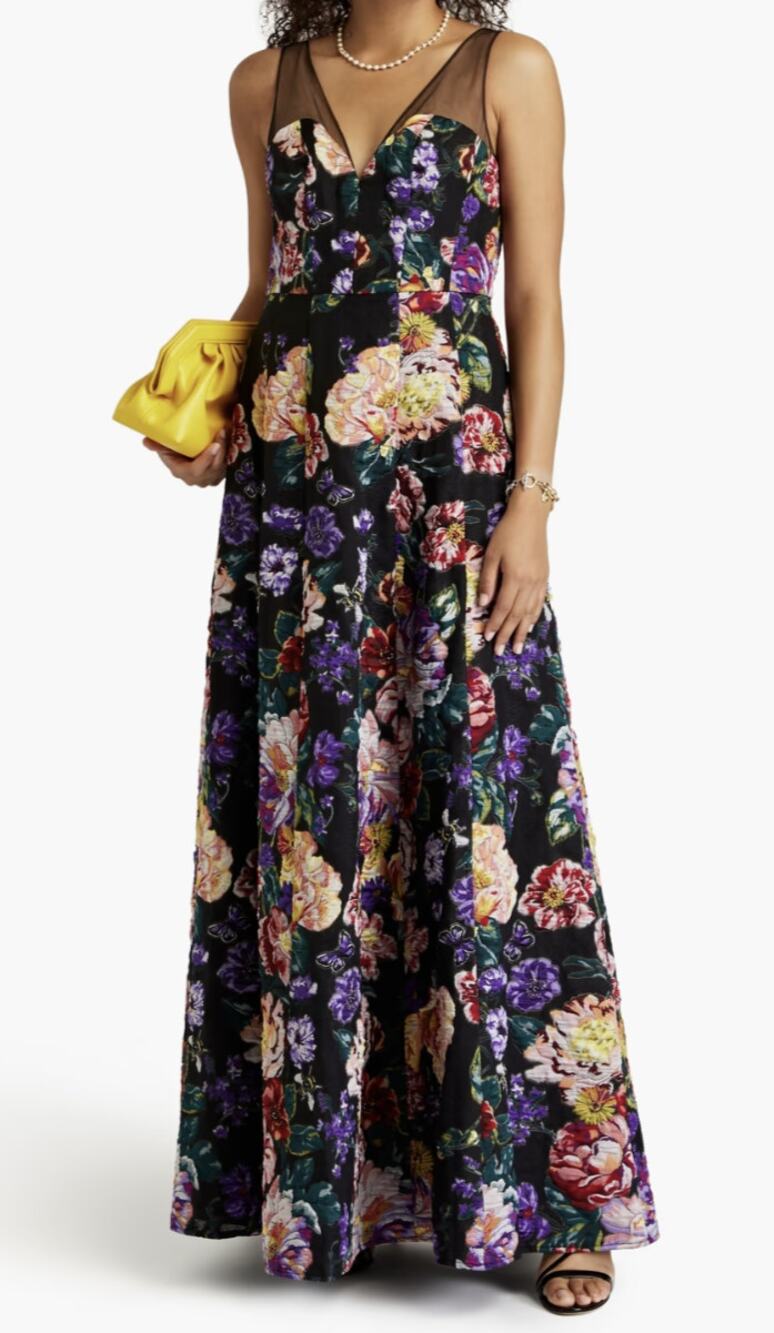 Marchesa Notte Tulle-Trimmed Floral Jacquard Gown